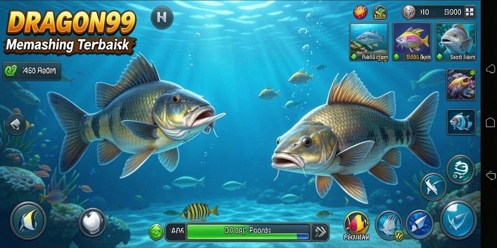 Screenshot gameplay <strong>DRAGON99</strong> menampilkan pemain menangkap ikan di danau yang indah.