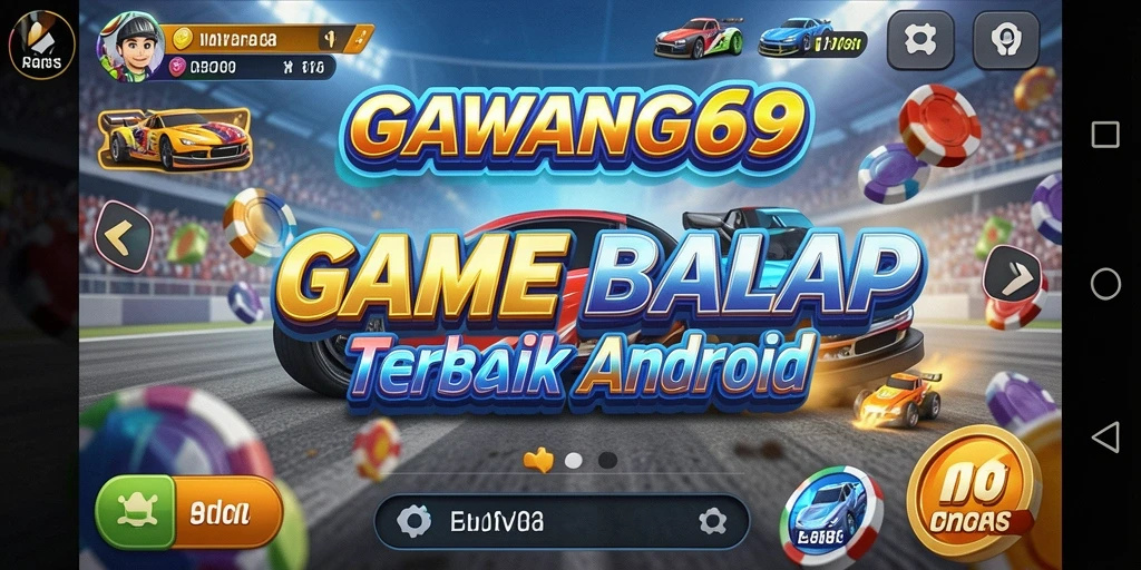 Tampilan seru gameplay GAWANG69 dengan mobil balap di lintasan.