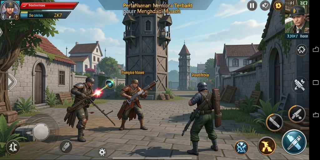 Screenshot gameplay ZK7 menunjukkan menara yang siap menghadapi gelombang musuh.